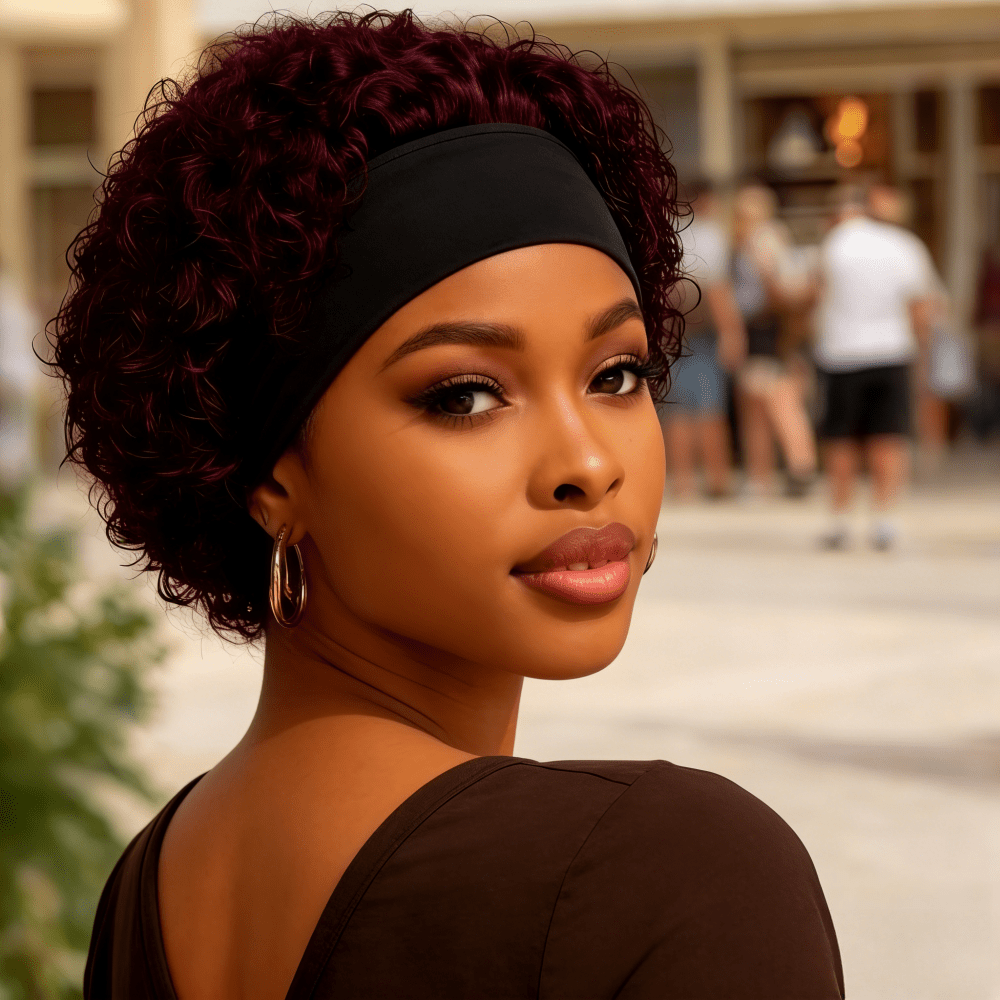 发箍精灵短假发，真人发丝，99J 酒红色短卷精灵短发假发，女士款，无蕾丝前额假发，即戴即走，外观自然逼真。