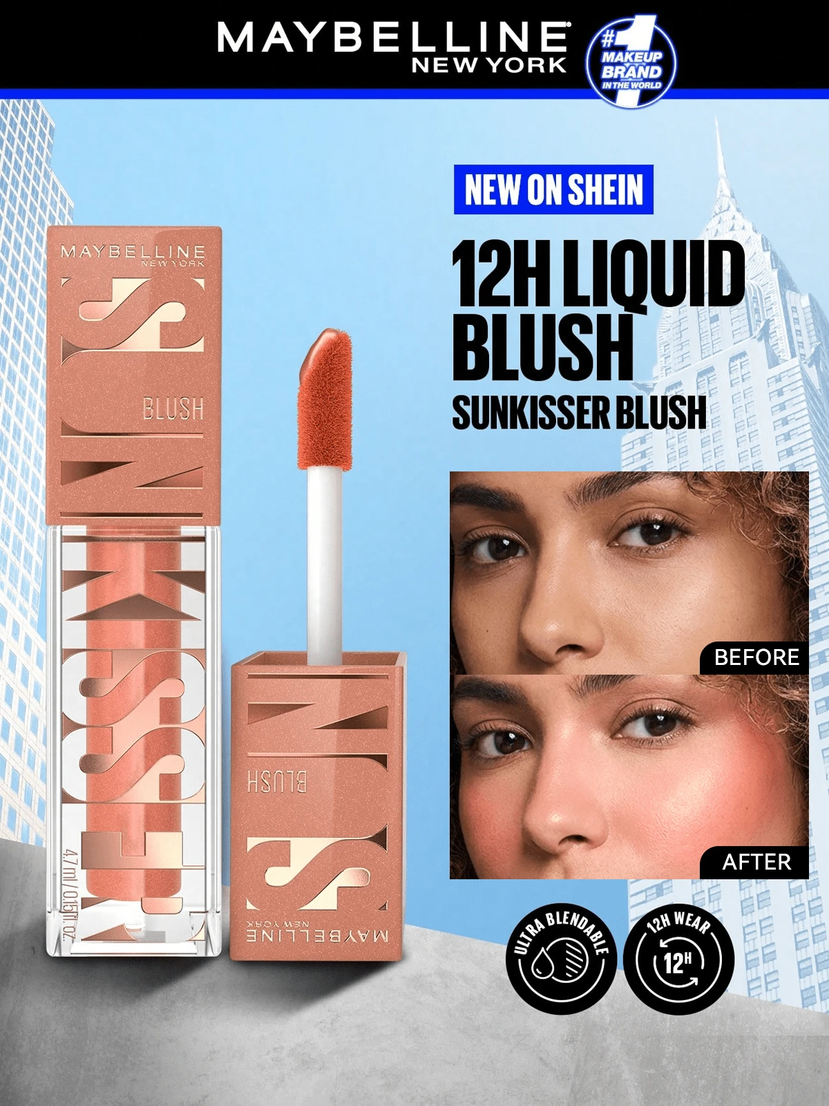 Maybelline Sunkisser 液体腮红 #City Sizzle、夏日腮红、液体腮红、阳光亲吻光泽、持久、0.15 盎司/4.7 毫升 - 液体腮红、阳光亲吻、夏日心情持久、面部彩妆、光泽、夏季彩妆、Y2K - City Sizzle - 查看 1