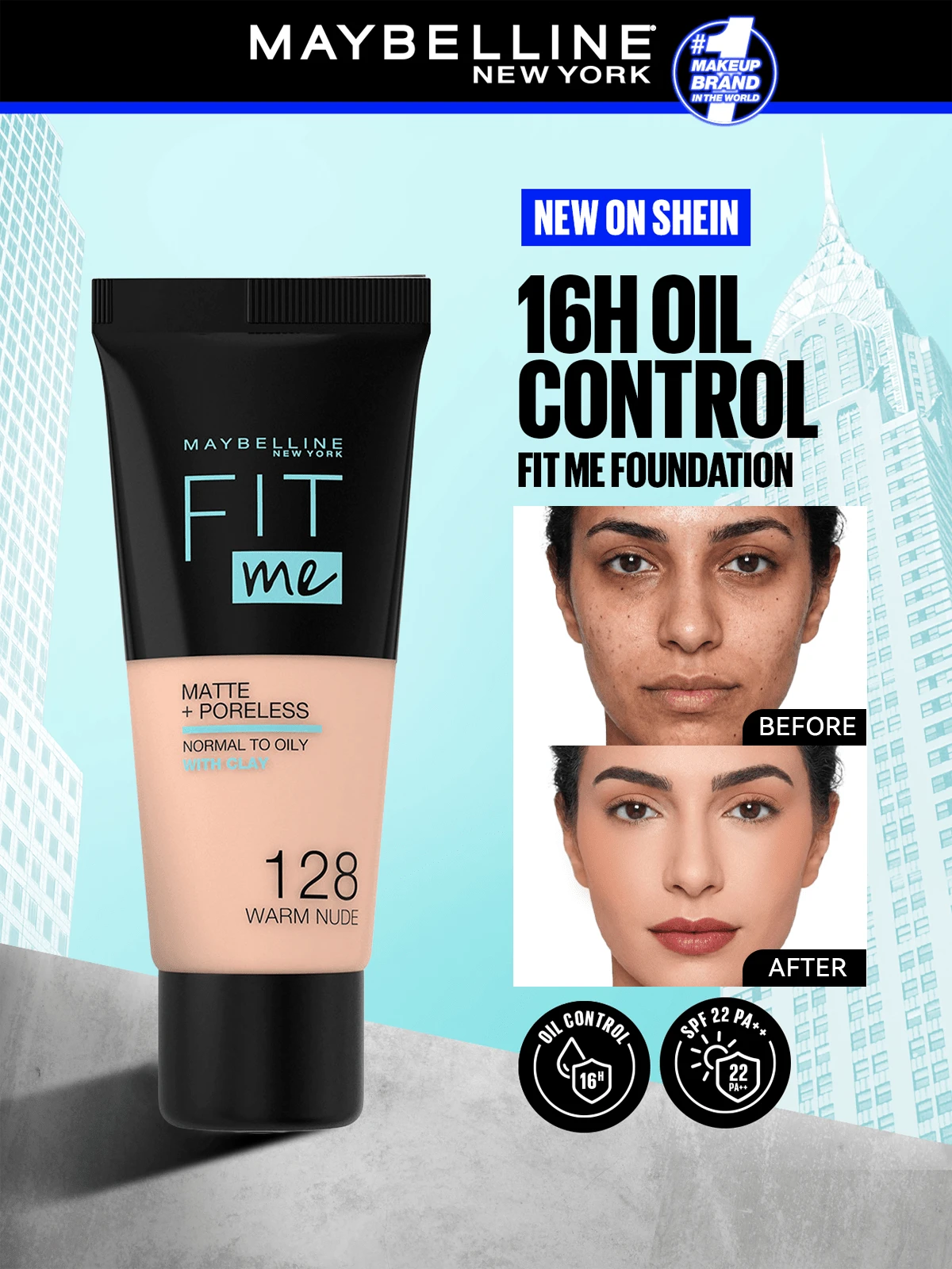 Maybelline Fit Me Matte & Poreless Foundation, 128 Warm, 1oz/30ml, For Normal To Oily Skin, Oil-Free, Long Lasting Makeup, Foundation, Oil-Free Foundation, Matte, 1oz/30ml-Matte, Foundation, Long-Lasting, Oil-Free, Makeup Base, Skin Care, Summer Makeup - Warm - View 1