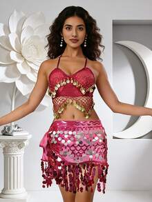 Belly Dance & Carnival Party Bra & Hip Scarf Set Halter Neck With Sequin Coin Tassel Dance Practice & Stage Party Outfit (Multiple Colors Available) - Multicolor - View 4