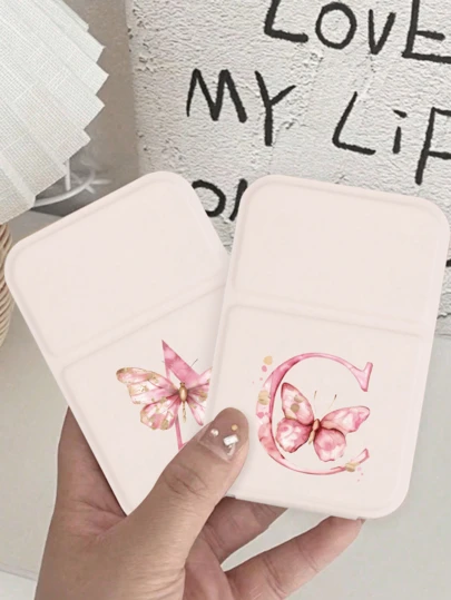 1pc Mini Foldable Portable Makeup Mirror Printed With Pink Butterfly Letters A-Z, Makeup Mirror With Bracket, Travel Mirror, Beauty Products, Desktop Makeup Mirror, Rectangular Desktop Compact Mirror Foldable Small Minimalist Makeup Mirror, Travel Portable Makeup Mirror For Women's Gift. Suitable Birthday Gift, Back-To-School Gift, Wedding Accessory, Mother's Day Gift, Easter Gift, A Must-Have Item For Spring And Summer