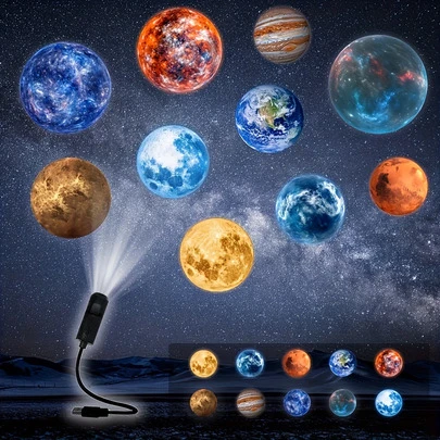 360° Rotating LED Space Planet Projector, Comes With 10 Interchangeable Projection Slides, USB Cylindrical Plastic Lamp, Suitable For Home Atmosphere, Science Exhibitions, Computer Backgrounds And Educational Night Lights (Mercury/Mars/Earth Planet Projection Patterns)