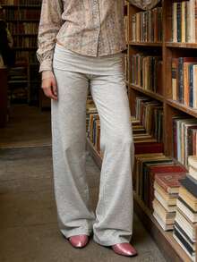 Women's Y2k Wide Leg Pants Low Rise Fold Over Waist Solid Color Casual Trousers Spring Fall Loose Sweatpants Bottoms Streetwear - 淺灰色 - 查看 4