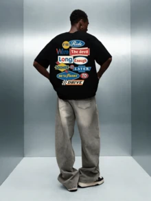 男士赛车图案T恤，复古圆领短袖T恤 - 黑色 - 查看 3