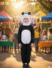 disfraz de panda para niño o niña, confeccionado con tela suave, afelpada y cálida, ideal para brindar comodidad durante toda la celebración.  El traje generalmente es de una sola pieza en colores blanco y negro, representando el característico pelaje del panda. Incluye un gorro acolchado con orejitas redondas, ojitos negros y una carita dulce que aporta un toque encantador. - Negro - Ver 5