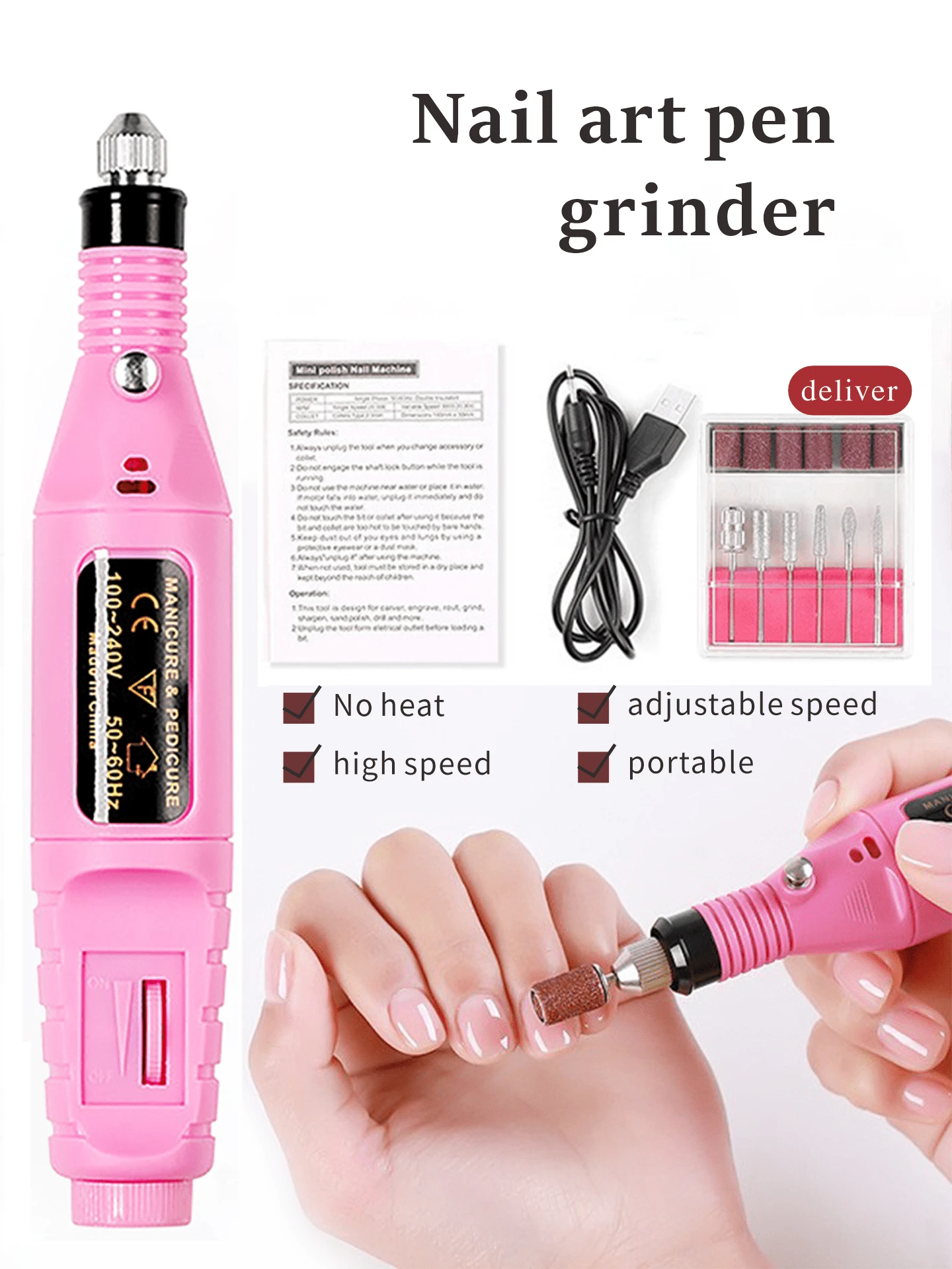 粉色电动指甲磨甲器 - 多功能美甲护理工具，配备多种磨头，USB供电，适合家庭使用和美甲 - 彩色 - 查看 1