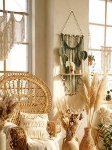 1件波西米亚风格编织壁挂带置物架，绿色叶子图案编织收纳架装饰，手工编织壁挂，室内壁挂式收纳架，适用于卧室、客厅、儿童房、农舍风格装饰，植物叶子编织挂毯带置物架，波西米亚风格壁挂式收纳架，现代波西米亚编织壁挂架，手工编织墙饰，可放置蜡烛和盆栽植物 - 彩色 - 查看 3