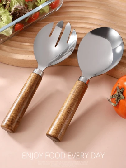 1pc/2pcs Salad Tools, Retro Acacia Wood Salad Fork And Spoon, Vegetable Salad Stirring Spoon, Tableware Western Soup Spoon Salad Spoon And Fork, Suitable For Western Cuisine, Hotels, Restaurants, Outdoors, Halloween, Christmas
