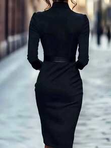 女士优雅办公室长袖修身连衣裙，纯色优雅拉链腰带口袋办公室连衣裙，黑色春季款 - 黑色 - 查看 4