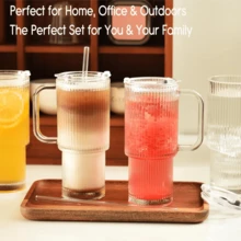2PCS Ribbed Glass Cups With Handles, 24OZ Large Capacity Iced Coffee Mug, Modern Glass Cups Suitable For Cold And Hot Drinks,-Free, Beautiful Travel Cups Suitable For Ice, Tea And Juice - 透明 - 查看 2