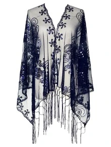 1 pièce/Châle brodé transparent pour femmes, design de chrysanthème doré avec paillettes et franges, vêtement d'extérieur léger et translucide, convient pour la mariée, la demoiselle d'honneur, le mariage, la soirée, la fête de cocktail, l'assortiment de robe de bal - Multicolore - Voir 6