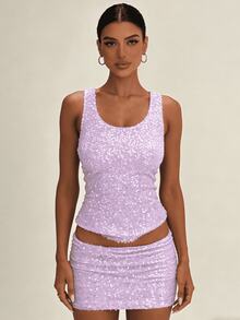 Womens Two Piece Summer Outfits Glitter Sequin Sleeveless Tank Tops And Mini Skirt Set Clubwear - 紫色 - 查看 1