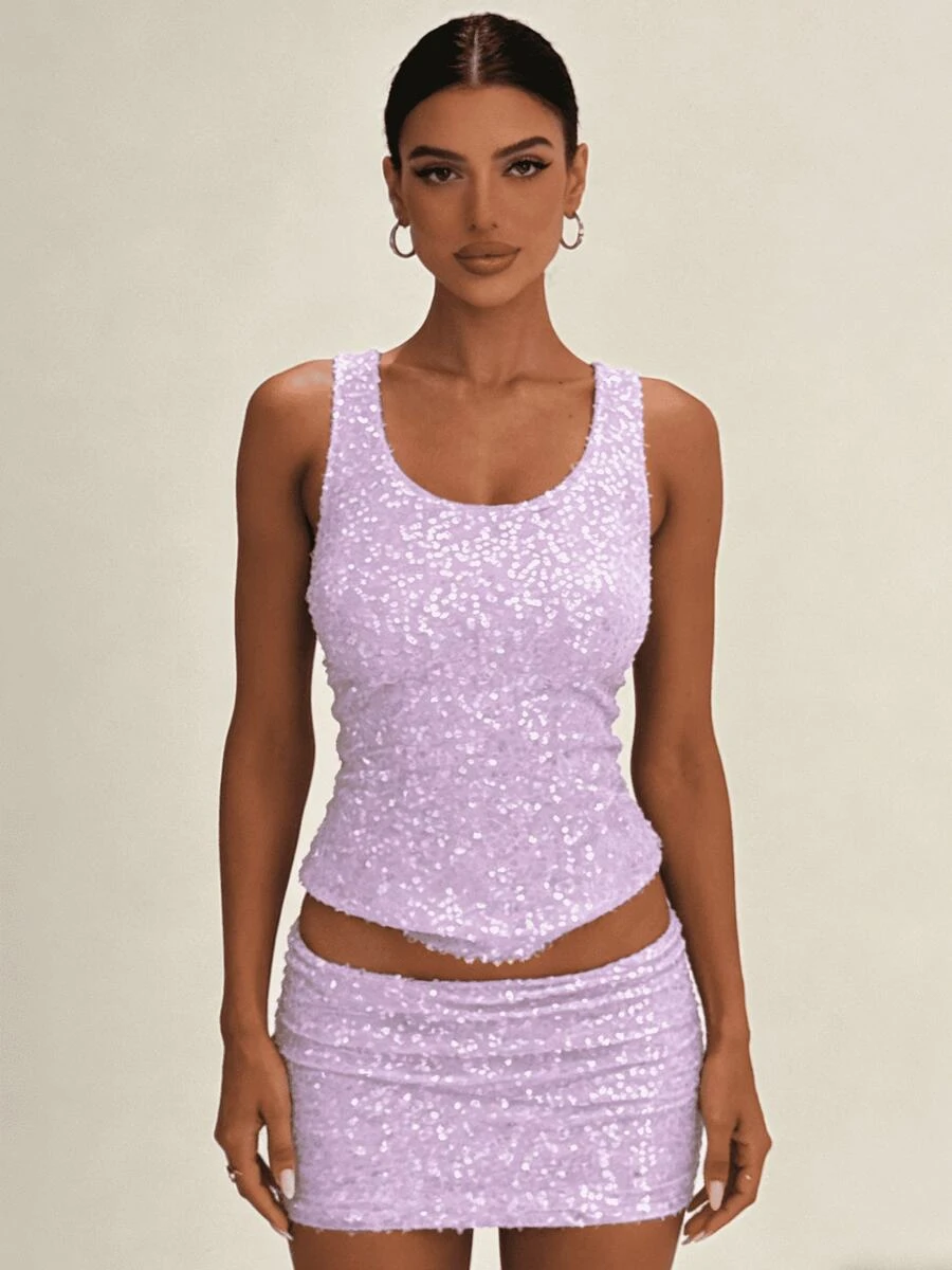 Womens Two Piece Summer Outfits Glitter Sequin Sleeveless Tank Tops And Mini Skirt Set Clubwear - 紫色 - 查看 1