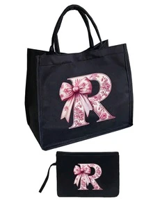 粉色花卉蝴蝶结字母亚麻手提包套装，含拉链化妆包，情人节礼物，女友礼物，多功能便携手提包，教师节礼物，女士礼物，字母印花手提包，化妆包，精美旅行沙滩包 - 彩色 - 查看 15