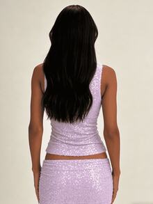 Womens Two Piece Summer Outfits Glitter Sequin Sleeveless Tank Tops And Mini Skirt Set Clubwear - 紫色 - 查看 4
