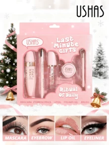 USHAS Mascara + Eyebrow Pencil + Eyeliner + Lip Oil Set, With Makeup Brush, Black Mascara + Black Eyeliner + Brown Eyeliner + Transparent Moisturizing Lip Oil, Cute Pink Packaging, Perfect Makeup Gift For Holidays, Anniversaries, Birthdays - #01 - View 7