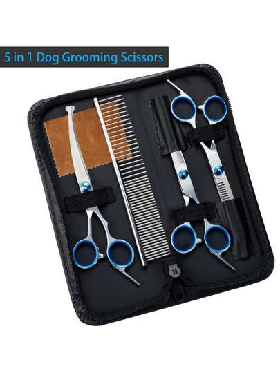 5-In-1 Premium Dog Grooming Scissors, Professional Dog Grooming Scissors, Round-Tipped Safety Design, Stainless Steel Pet Grooming Set, Pet Cat And Dog Grooming Set.