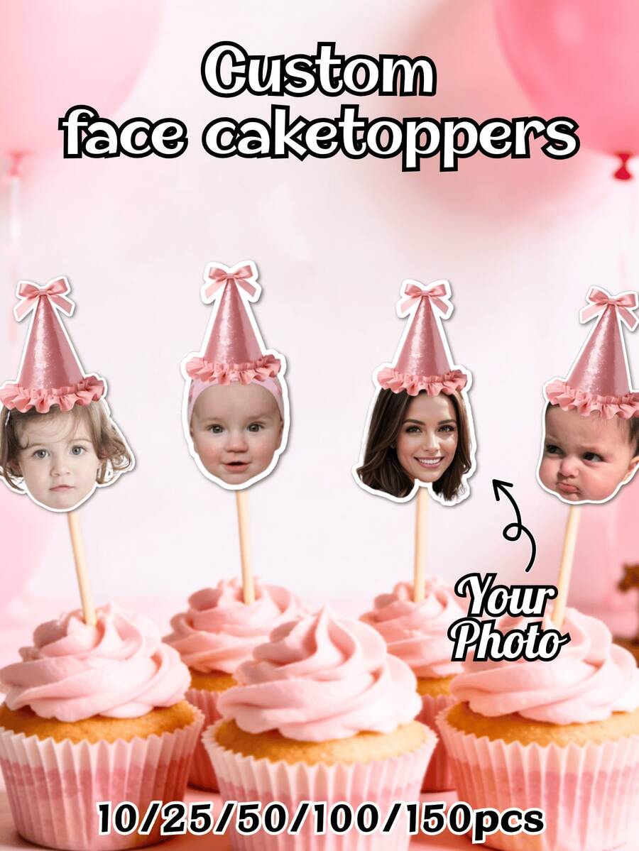 10/25/50/100/150pcs Personalized Face Cupcake Toppers, Birthday Party Decoration, Wedding Photo Party Decoration, Suitable For Donuts, Cakes And Muffins, Acrylic Cake Supplies - Multicolor - View 1