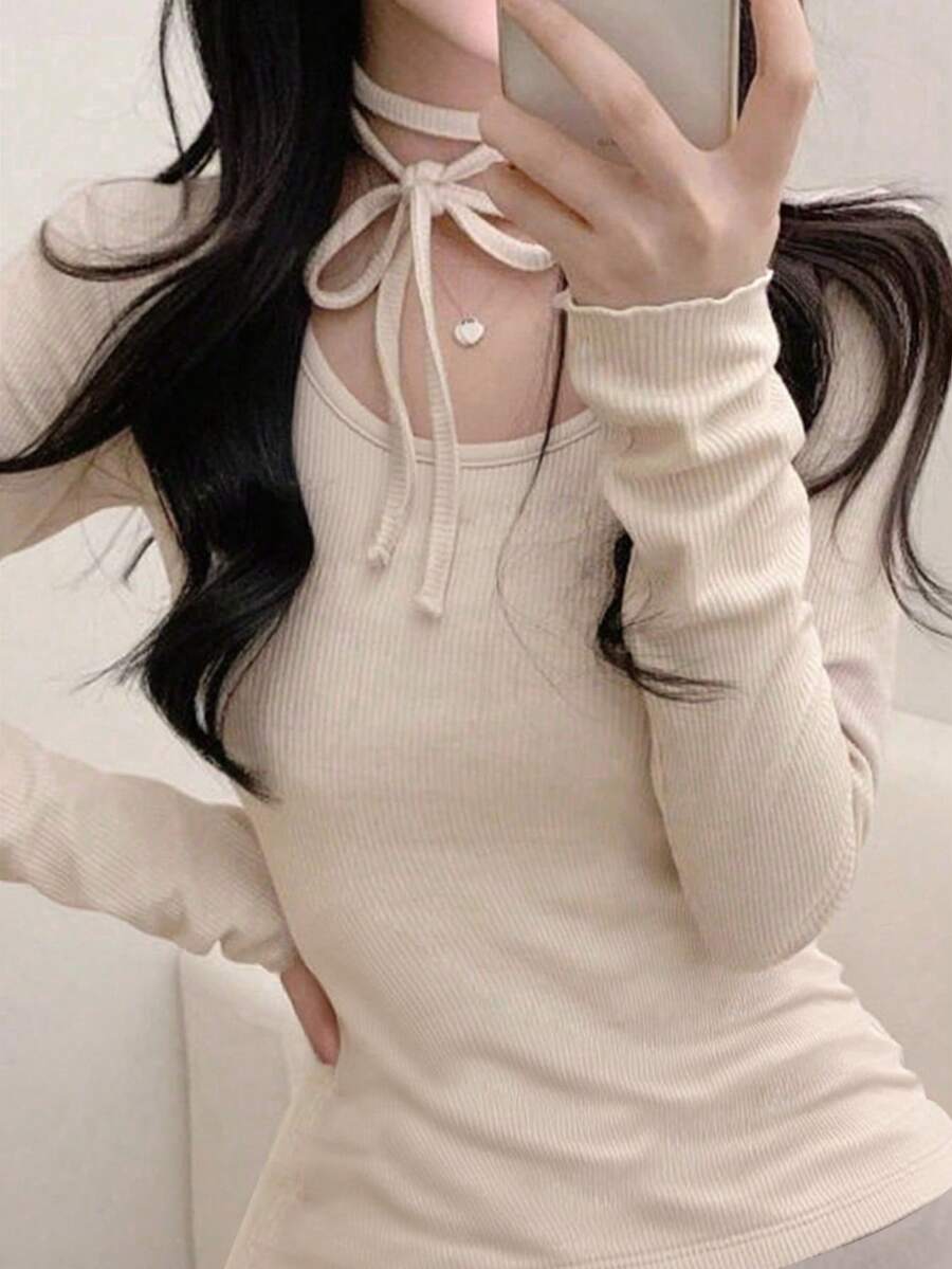 修身系带长袖女式T恤，简约风格，春秋休闲款 - 杏色 - 查看 1