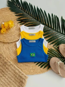 Set Of 3 Tank Tops With Embroidered Brazilian Flag - White/Yellow/Blue - View 3