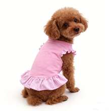 可爱宠物荷叶边连衣裙，粉色条纹图案，荷叶边下摆，面料柔软，适合小型/中型猫狗日常穿着。 - 粉色 - 查看 9