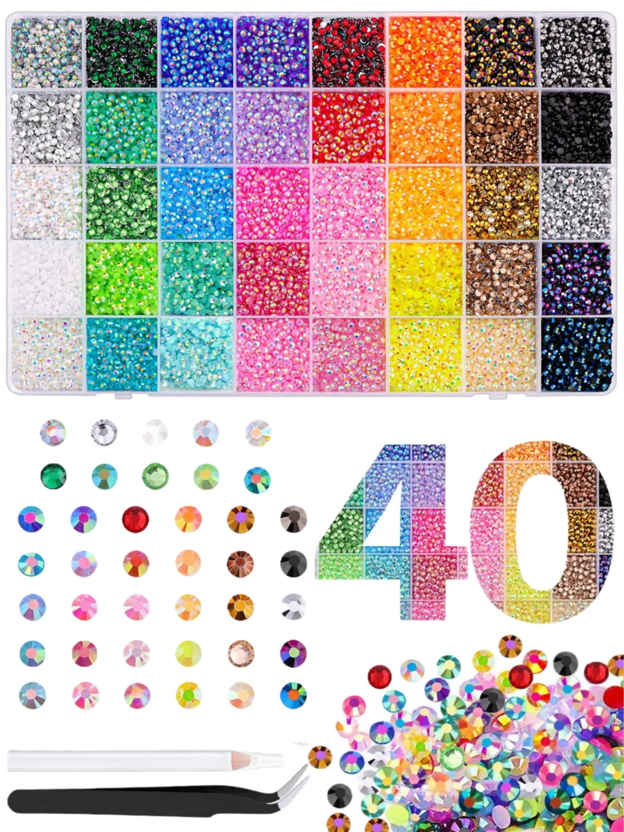40色树脂水钻，3毫米平底多色钻石画钻石，钻石画工艺套装，适用于美甲、手工制作、书籍装饰和化妆 - 彩色 - 查看 1