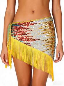 女士亮片流苏臀巾拉丁舞表演服装肚皮舞流苏腰链配三角巾 - 彩色 - 查看 9