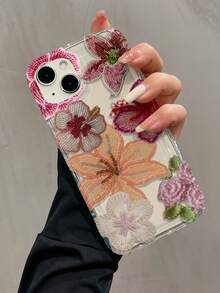 极简TPU防震单气囊仿珍珠刺绣百合花元素手机壳，兼容苹果17、16、15、14、13、12、11 Pro Max、Air及系列，春季礼物，春日派对佳品 - 彩色 - 查看 2
