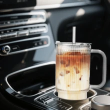 2PCS Ribbed Glass Cups With Handles, 24OZ Large Capacity Iced Coffee Mug, Modern Glass Cups Suitable For Cold And Hot Drinks,-Free, Beautiful Travel Cups Suitable For Ice, Tea And Juice - 透明 - 查看 3