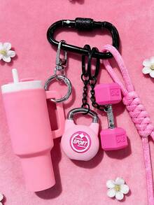 1件套全新DIY编织绳钥匙扣套装，黑粉色包包挂件套装，DIY手工组装健身系列橡胶钥匙扣，高颜值杠铃迷你哑铃挂件包包装饰，礼品配件，适合装饰包包、钱包，钥匙扣挂件，情人节礼物（女士），新年礼物（男士），教师节礼物，女友礼物 - 彩色 - 查看 3