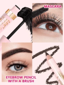 USHAS Mascara + Eyebrow Pencil + Eyeliner + Lip Oil Set, With Makeup Brush, Black Mascara + Black Eyeliner + Brown Eyeliner + Transparent Moisturizing Lip Oil, Cute Pink Packaging, Perfect Makeup Gift For Holidays, Anniversaries, Birthdays - #01 - View 4