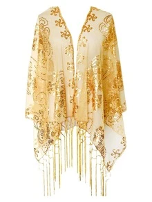 1 pièce/Châle brodé transparent pour femmes, design de chrysanthème doré avec paillettes et franges, vêtement d'extérieur léger et translucide, convient pour la mariée, la demoiselle d'honneur, le mariage, la soirée, la fête de cocktail, l'assortiment de robe de bal - Multicolore - Voir 17