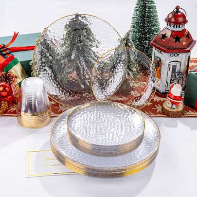 10/20/40 Peças Conjunto de Pratos Transparentes com Borda Dourada Martelada, Pratos de Salada - Pratos Transparentes com Borda Dourada Martelada Folha Pesada - Inclui 10 peças de 10,25 polegadas (26 cm) ou 10 peças de 7,5 polegadas (19 cm), Essencial para Jantar, Sobremesa, Festa, Casamento