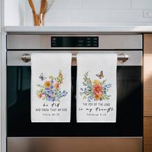 2pcs Watercolor Floral & Butterfly With Bible Verse Pattern Kitchen Towels, 40*60cm Soft Microfiber Material, Suitable For Home, Kitchen, Restaurant, Outdoor Camping, Tabletop Cleaning, Dish Drying, Hand Drying, Holiday Gift - Multicolor - View 4