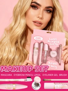 USHAS Mascara + Eyebrow Pencil + Eyeliner + Lip Oil Set, With Makeup Brush, Black Mascara + Black Eyeliner + Brown Eyeliner + Transparent Moisturizing Lip Oil, Cute Pink Packaging, Perfect Makeup Gift For Holidays, Anniversaries, Birthdays - #01 - View 2
