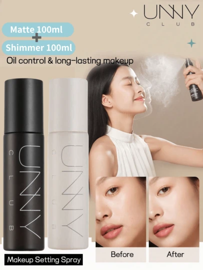 unny club 2 botellas de spray fijador de maquillaje de larga duración (100ml brillo + 100ml mate), acabado mate para piel grasa y acabado brillante para piel seca, spray fijador de maquillaje, fórmula libre de aceite y no resecante, resistente al agua y al sudor