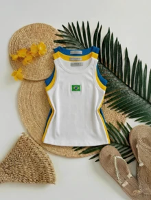 Set Of 3 Tank Tops With Embroidered Brazilian Flag - White/Yellow/Blue - View 2