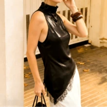 女士休闲蕾丝不对称下摆无袖宽松背心，优雅百搭的春夏街头风 - 黑色 - 查看 7