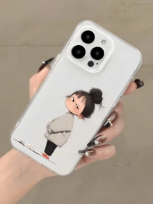 1pc Transparent Frowning Girl Minimalist Full Coverage TPU Shockproof Phone Case, Compatible With Apple 17, 16, 15, 14, 13, 12, 11 Pro Max, Air, And Series - Multicolor - View 2