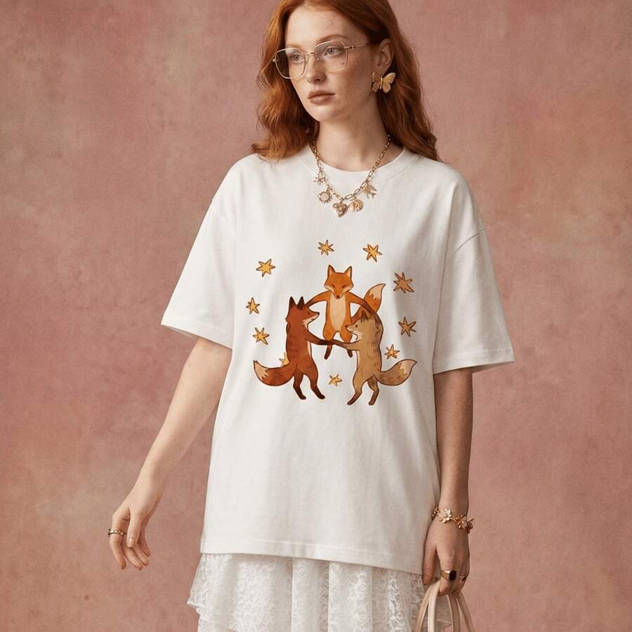 Cute Mystic Foxes Vintage Cottagecore Stars T-Shirt In 100% Cotton With Premium Print - 白色 - 查看 1