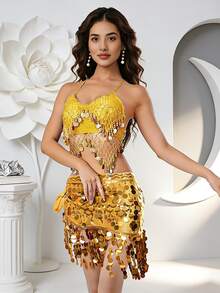 Belly Dance & Carnival Party Bra & Hip Scarf Set Halter Neck With Sequin Coin Tassel Dance Practice & Stage Party Outfit (Multiple Colors Available) - Multicolor - View 3