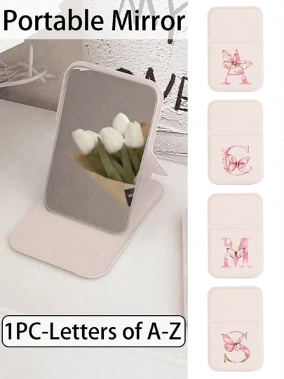 1pc Mini Foldable Portable Makeup Mirror Printed With Pink Butterfly Letters A-Z, Makeup Mirror With Bracket, Travel Mirror, Beauty Products, Desktop Makeup Mirror, Rectangular Desktop Compact Mirror Foldable Small Minimalist Makeup Mirror, Travel Portable Makeup Mirror For Women's Gift. Suitable Birthday Gift, Back-To-School Gift, Wedding Accessory, Mother's Day Gift, Easter Gift, A Must-Have Item For Spring And Summer