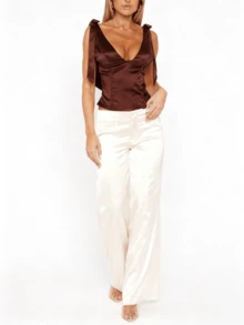 Women's Satin Tank Top Slim Fit  Solid Color Tie Shoulder V Neck Sleeveless Vest Shirt Boho Elegant Low Cut Party Club Streetwear Teen Girl Going Out Streetwear Summer Concert Outfits - 深棕 - 查看 5