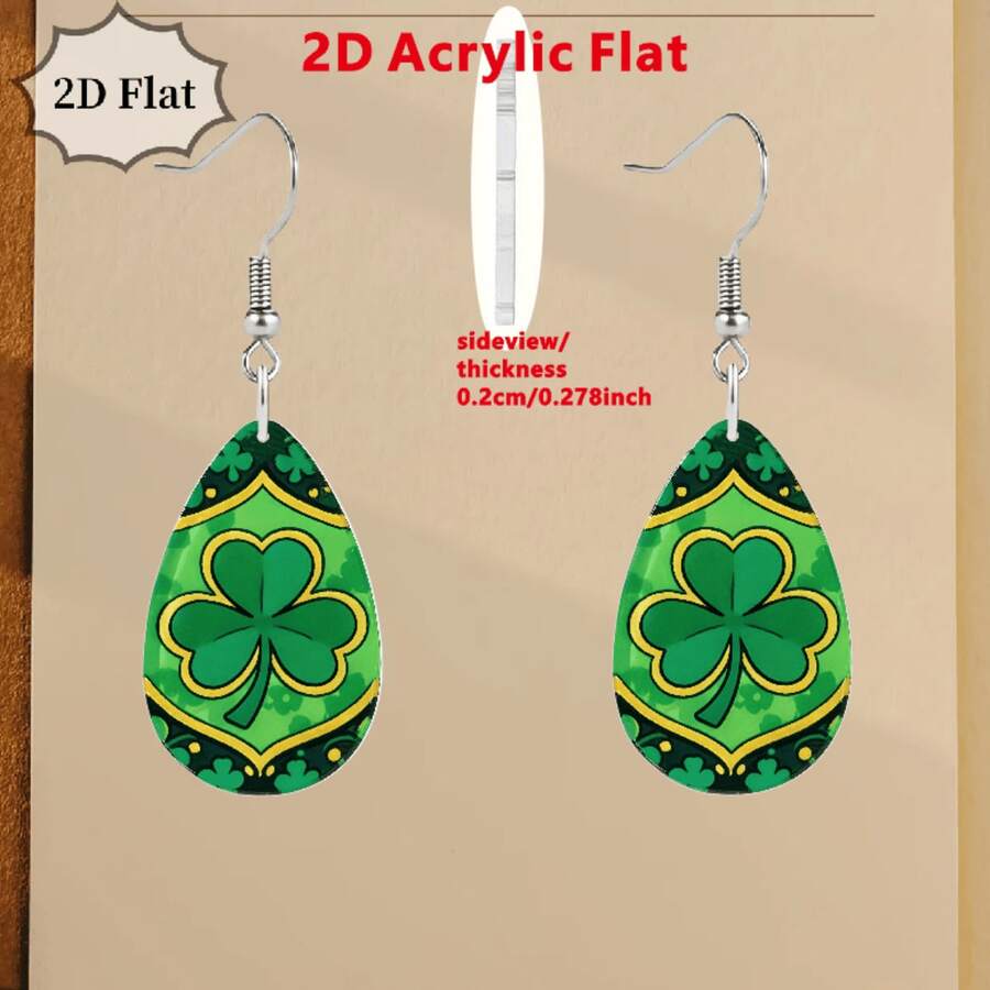 St. Patrick's Day Clover Earrings – 2D Acrylic Green Shamrock Design, Lucky Festival Gifts For Women - Multicolor - View 1