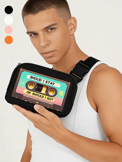 حقيبة صدر عبر الجسم بطباعة شريط كاسيت قديم - تصميم ذو طابع رجعي من الثمانينات، حقيبة صدر مقاومة للماء للرياضة والخارج، قابلة للتعديل والإغلاق بسحاب، حقيبة كتف يونيسكس للرجال والنساء، لتخزين الهاتف والمحفظة والمفاتيح، للجري والسفر والجيم والمهرجانات والاستخدام اليومي العادي، هدية مثالية للعيد الميلاد والزفاف والمناسبات والعيد والفالنتاين وعيد الفصح، هدية للعشاق الفنيين والرجعيين