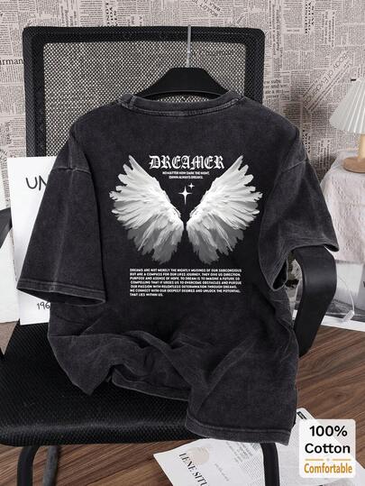 女士水洗纯棉黑色短袖T恤，印花图案宽松复古超大款上衣