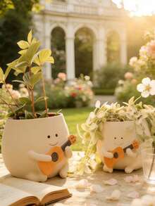 1个可爱笑脸多肉植物花盆，卡通吉他树脂雕塑花盆，带排水孔，适合小型植物和多肉植物，耐候性强，室内/室外装饰，送给植物和园艺爱好者的精美礼物 - C - 查看 6