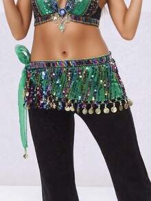 Women's Belly Dance Hip Scarf With Iridescent Sequin Fringe & Coin Tassels, Adjustable Waist Wrap For Performance, Practice & Party Wear (Available In Multiple Colors) - Multicolor - View 3
