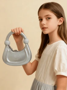 儿童新款新月手提包，时尚迷你包，适合小女孩，可作化妆包、零钱包、个性化精致小包、节日礼物、公主风休闲包，金色、银色、黑色、白色、粉色可选，可爱小包 - 彩色 - 查看 4