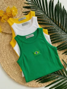 Set Of 3 Tank Tops With Embroidered Brazilian Flag - Green/White/Yellow - View 3